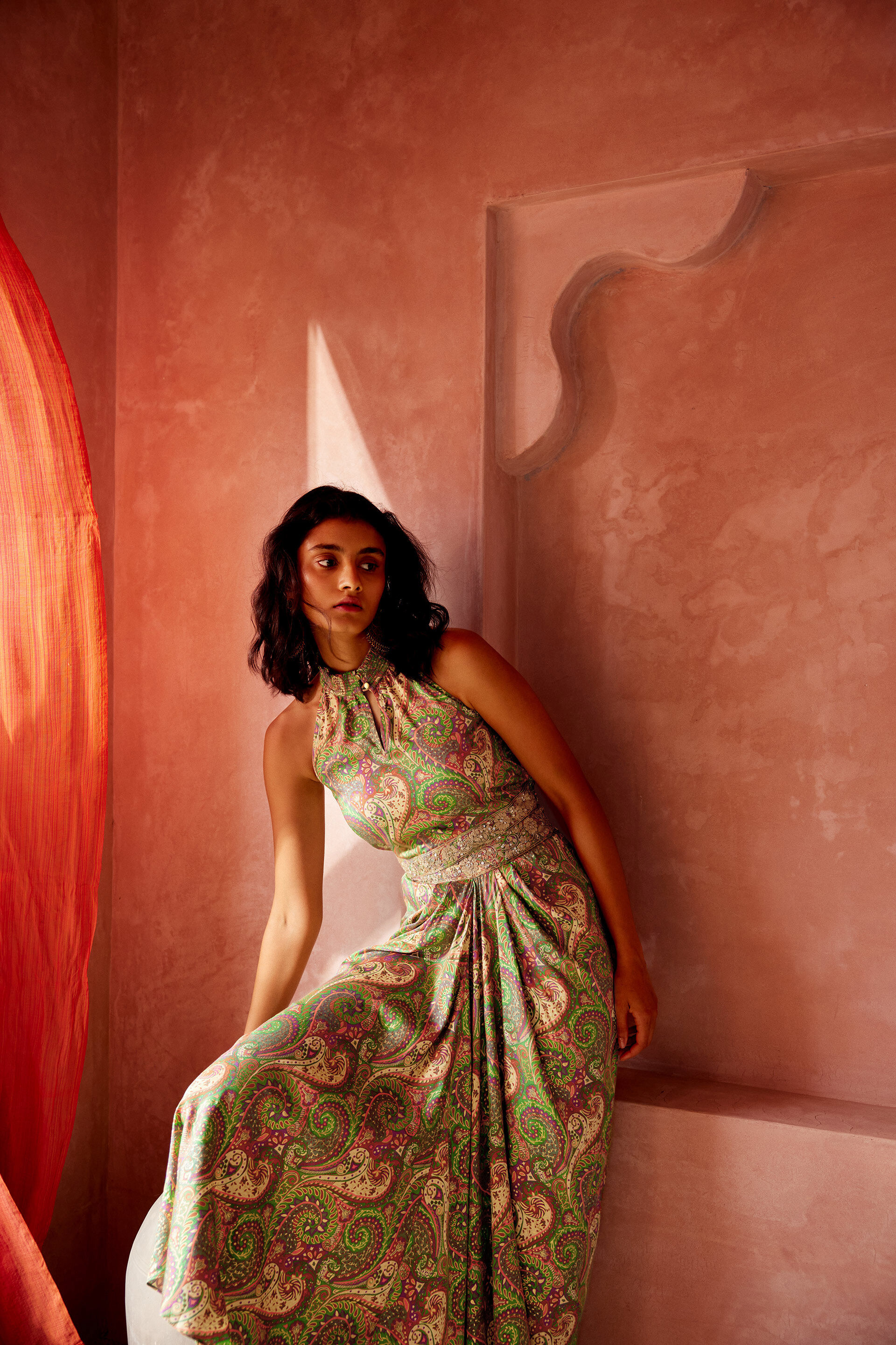 Green Motif Print Drape Skirt Set, Green, image 4